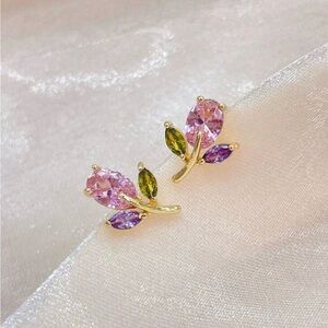 New Elegant Gold and Pink Floral Earrings stainless steel